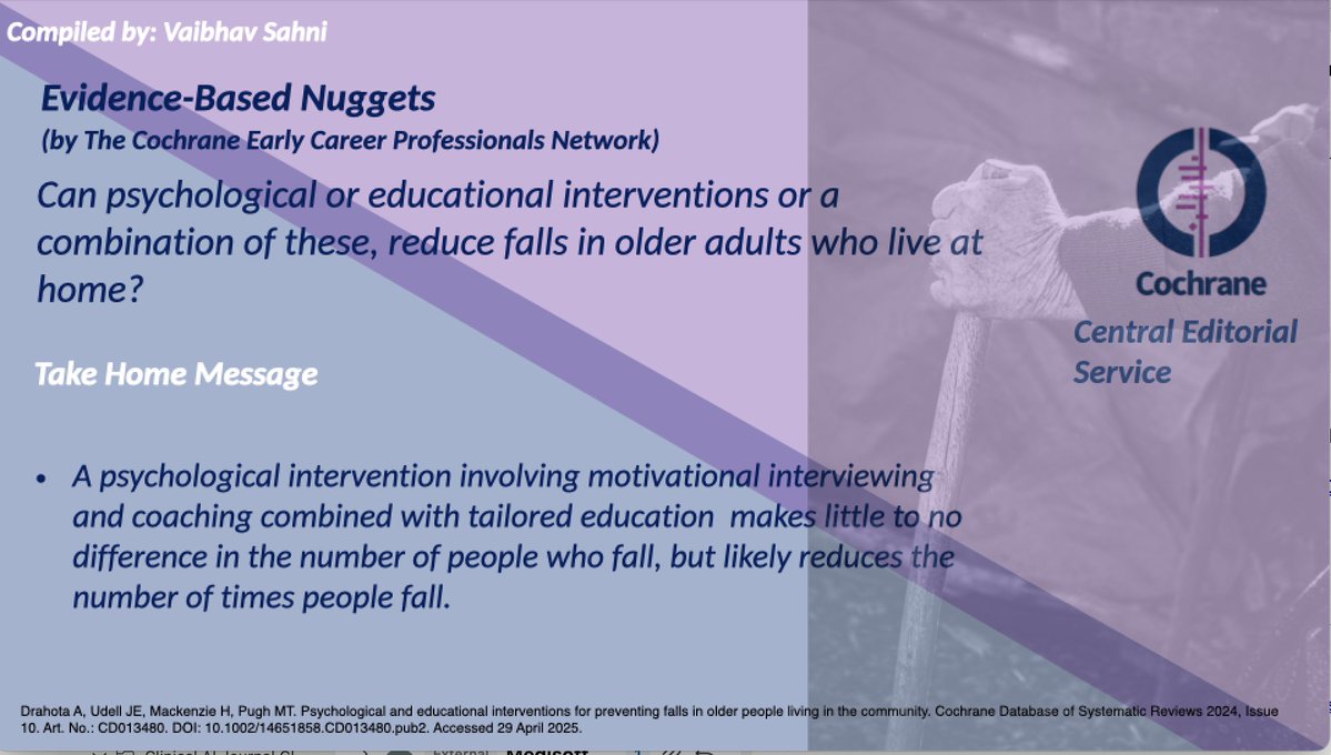 Latest in our series of #evidencebasednuggets 

Can psychological, education interventions, or both reduce falls in older adults? 

Link to full paper here: cochranelibrary.com/cdsr/doi/10.10…