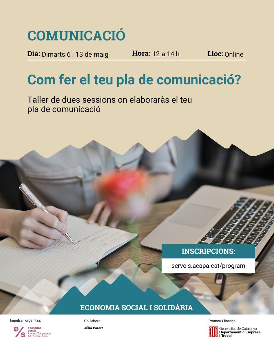 📣Vols millorar la teva comunicació? Aquestes formacions són per tu!

Farem un taller amb dues sessions per fer el pla de comunicació el teu projecte cooperatiu o d'ESS. 

📆 La primera sessió arriba aquest 06/05
🕐12h a 14h
📍 Online 

Inscripcions: serveis.acapa.cat/program/com-fe…