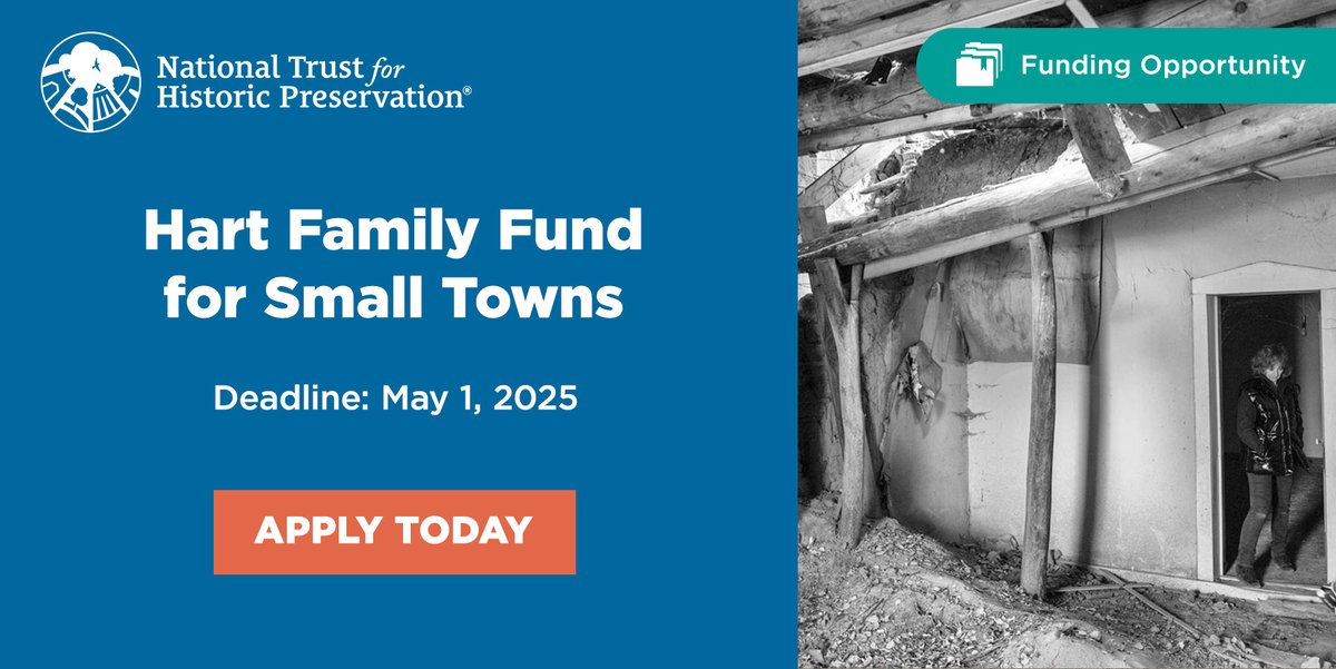 Do you need support for your preservation project? Do you live in a town of 10,000 people or less? Apply for the Hart Family Fund for Small Towns. Deadline is May 1. Funding is available for planning and educational outreach projects.

Apply now: ow.ly/Ix7A50Vtthp