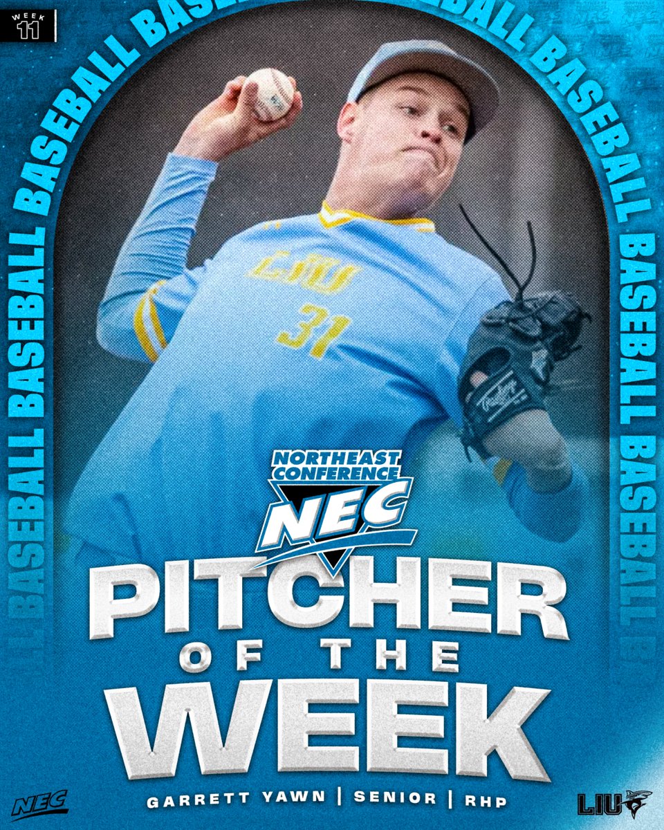 NEC Baseball (@necbaseball) on Twitter photo ⚾️🏅The #NECBaseball Pitcher of the Week is 𝗚𝗮𝗿𝗿𝗲𝘁𝘁 𝗬𝗮𝘄𝗻 from <a href="/LIUAthletics/">LIU Athletics</a>‼️
» Tossed a complete game SHO for the 🦈 in a 7-0 W
» Struck out 6️⃣ batters for his 7️⃣th win of the year
» 🥈 NEC PiOW 🏆 this season
#NECelite📜 x #NECPiOW ⚾️🏅The #NECBaseball Pitcher of the Week is 𝗚𝗮𝗿𝗿𝗲𝘁𝘁 𝗬𝗮𝘄𝗻 from <a href="/LIUAthletics/">LIU Athletics</a>‼️
» Tossed a complete game SHO for the 🦈 in a 7-0 W
» Struck out 6️⃣ batters for his 7️⃣th win of the year
» 🥈 NEC PiOW 🏆 this season
#NECelite📜 x #NECPiOW