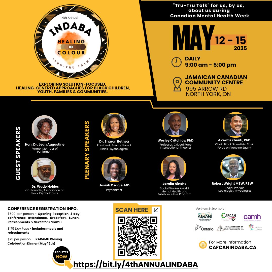 📣 Registration is OPEN for the 4th Annual #CAFCAN INDABA: Healing In Colour
Join us May 12–15 at the JCA to explore healing-centred, solution-focused approaches for Black communities.
🔗 bit.ly/4thANNUALINDABA

#INDABA2025 #BlackMentalHealth #TruTruTalk