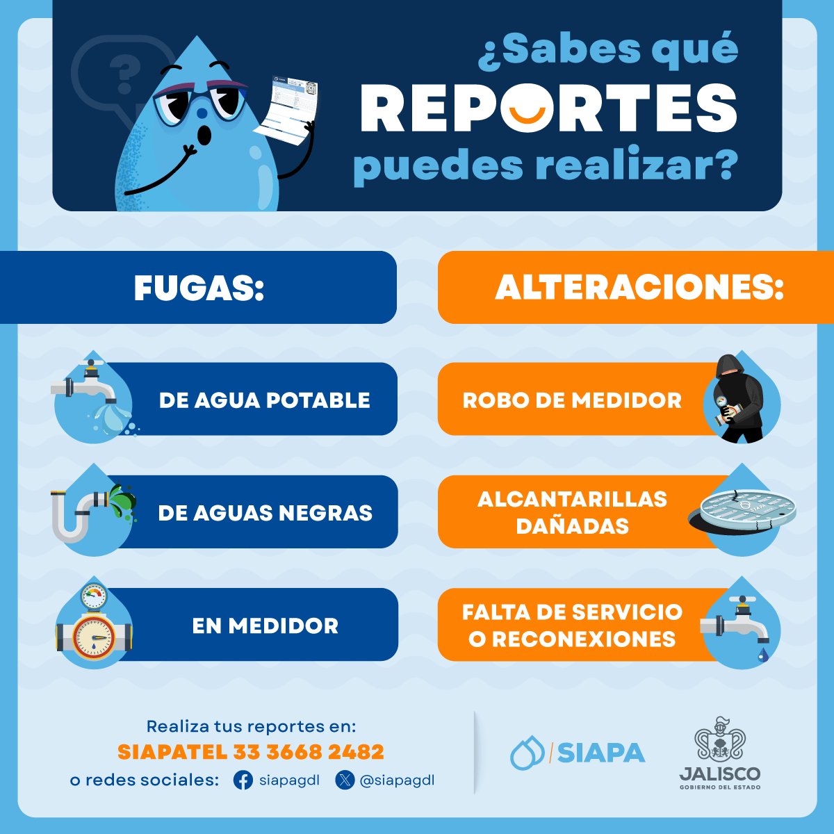 El #SIAPA trabaja las 24 horas para mantener en óptimo estado la infraestructura hidráulica. 💧🚰

Si tienes algún reporte para realizar, ten a la mano los siguientes datos y llámanos: 📞

 📌 Calle
 📌 Número
 📌 Cruces
 📌 Colonia
 📌 Municipio
📌 Afectación con foto y/o video