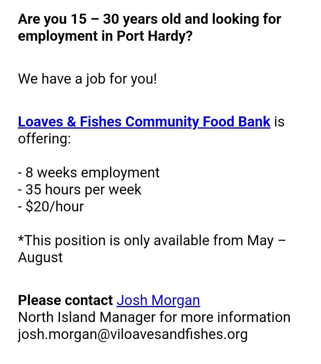 We are hiring summer students for our Port Hardy food bank! Please see below on how to apply.