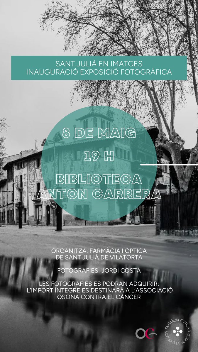 Aj. St. Julià de V. (@aj_sjv) on Twitter photo Feu lloc a l'agenda!
📸 Sant Julià en imatges
Inauguració de l’exposició fotogràfica de Jordi Costa!
📅 8 de maig
🕖 19 h
📍 Biblioteca Anton Carrera
Les fotografies es podran adquirir i els beneficis es destinaran a <a href="/osonacc1/">Osona Contra el Càncer</a>
Organitza: Farmàcia i Òptica de Sant Julià. Feu lloc a l'agenda!
📸 Sant Julià en imatges
Inauguració de l’exposició fotogràfica de Jordi Costa!
📅 8 de maig
🕖 19 h
📍 Biblioteca Anton Carrera
Les fotografies es podran adquirir i els beneficis es destinaran a <a href="/osonacc1/">Osona Contra el Càncer</a>
Organitza: Farmàcia i Òptica de Sant Julià.