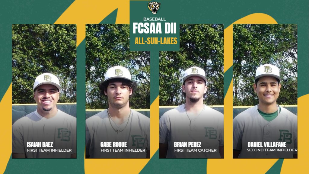 It's FCSAA DII Baseball awards time!  Congrats to Isaiah Baez (IF), Gabe Roque (IF), and Brian Perez (C) for being named FCSAA DII All-Sun-Lakes Conference First Team!  Daniel Villafane (IF) joins them on the Second Team!