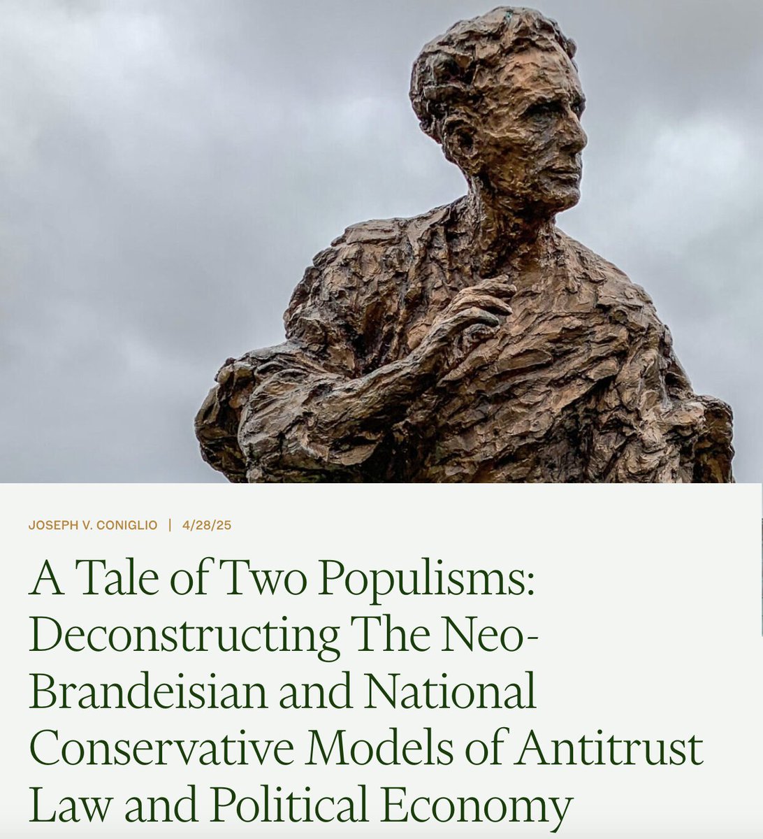 🧵 1/8 The last decade of U.S. antitrust policy has seen a populist tug-of-war: neo-Brandeisians on the left and national conservatives on the right. Both seek to re-politicize antitrust law, but neither offers a sustainable model for innovation, growth, or the rule of law.