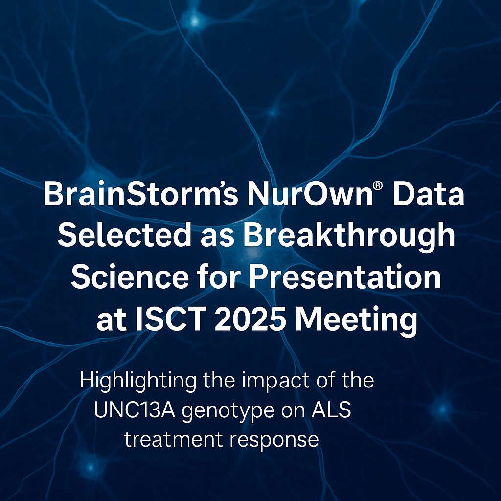 Exciting news! Our NurOwn® data has been selected as "Breakthrough Science" for #ISCT2025, emphasizing the role of the #UNC13A genotype in ALS treatment response. A significant stride in neurodegenerative disease research. Read the full press release here: ir.brainstorm-cell.com/2025-04-29-Bra…
