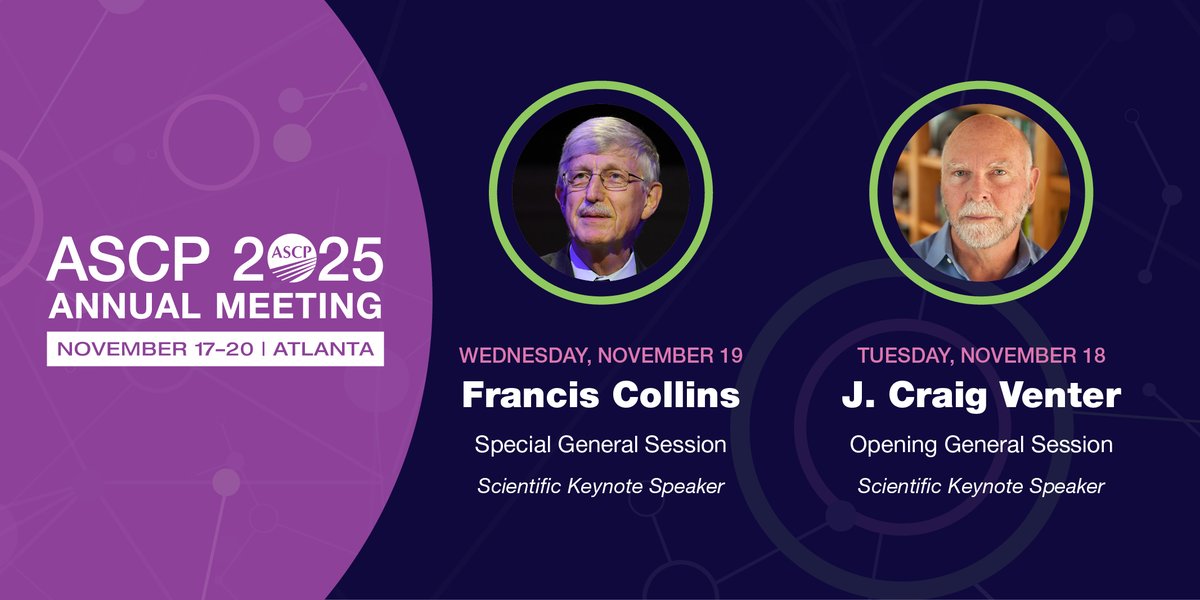 We are thrilled to announce our keynote speakers for #ASCP2025! Francis Collins and J. Craig Venter, who've led the way for innovations in genomics, will be joining us in Atlanta this November to discuss this new era of patient-centered care. Learn more at bit.ly/4lPwKKs