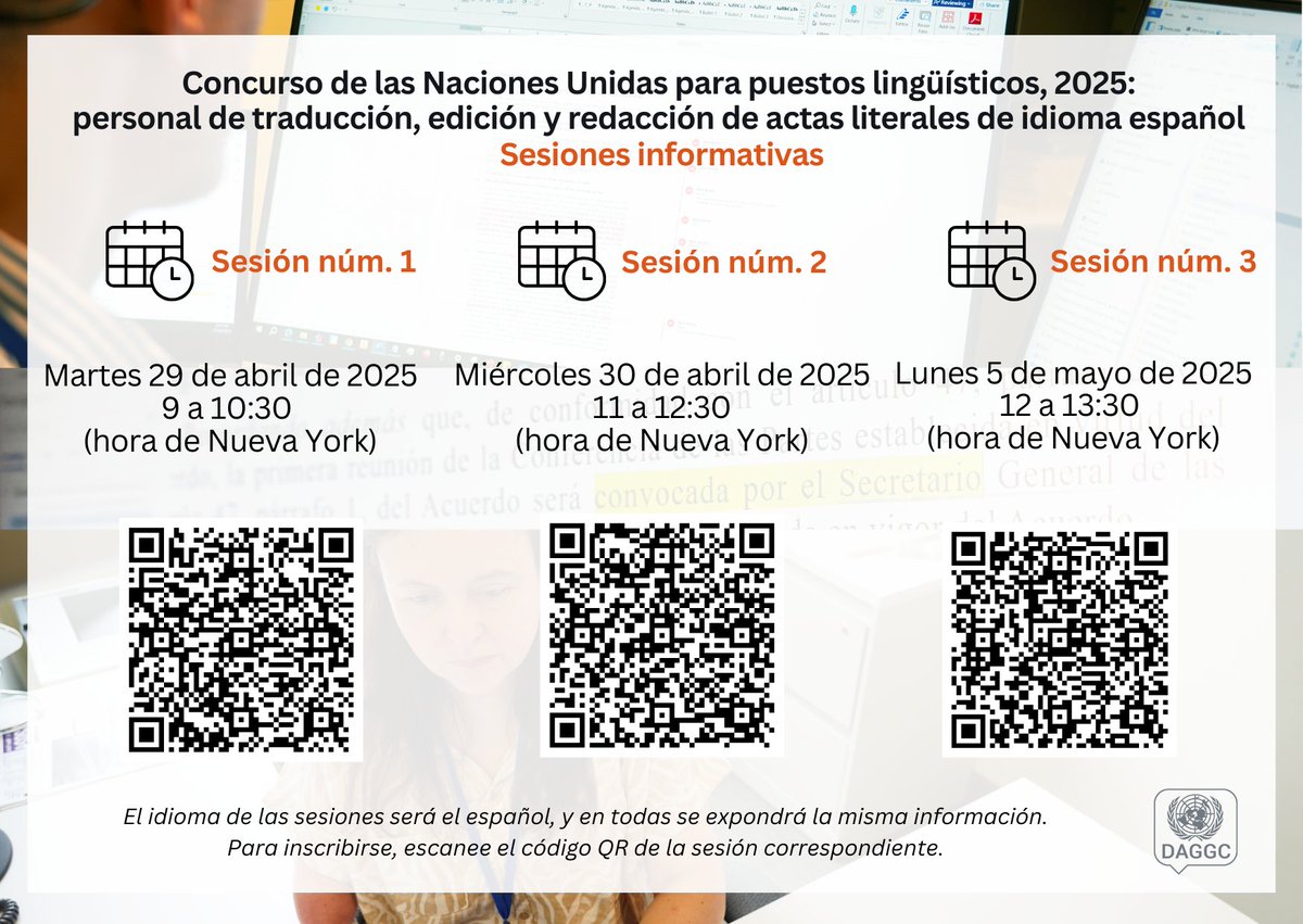 📢 ¡Tres sesiones informativas sobre el concurso para puestos lingüísticos de la <a href="/ONU_es/">Naciones Unidas</a>! Todas en #español y con el mismo contenido.
Elige un día y regístrate usando los códigos QR de abajo. ⤵️
📆 Y recuerda presentar la solicitud antes del 10/mayo/2025: bit.ly/sp-celp-2025