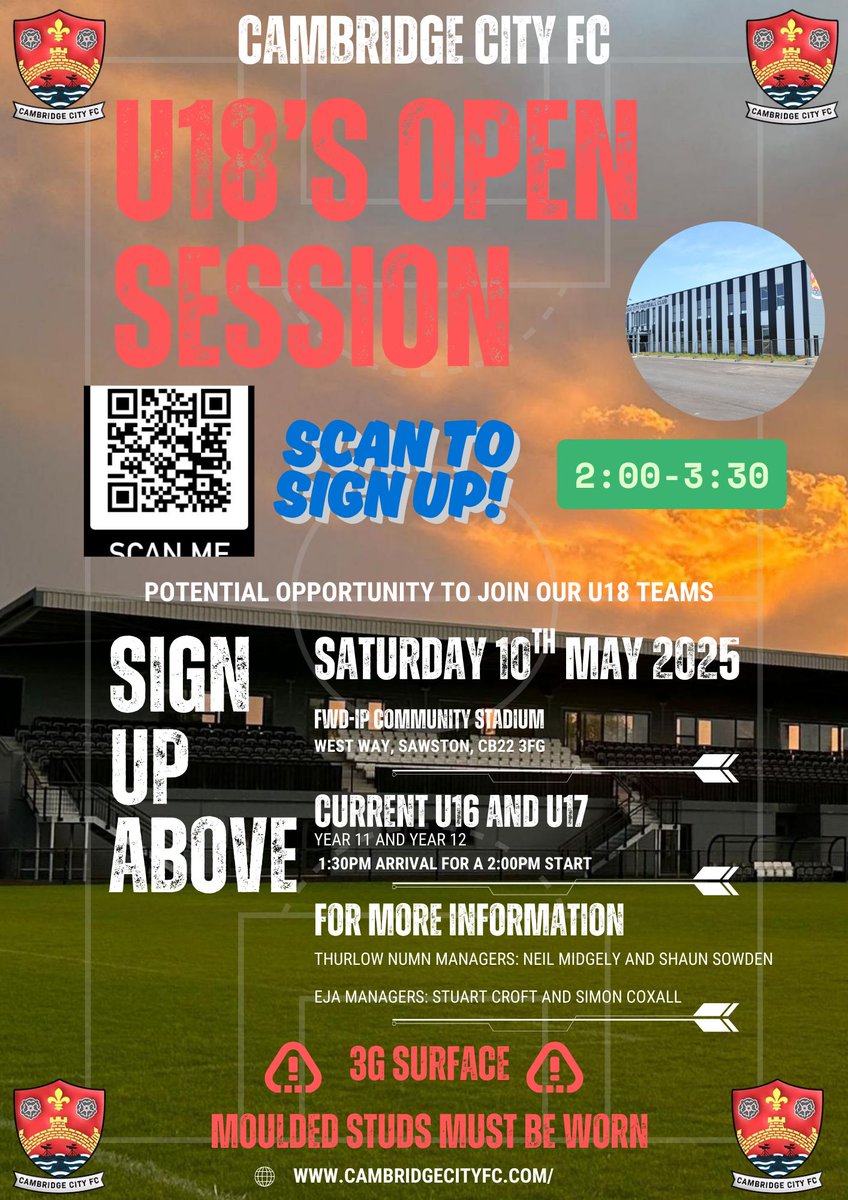 Come and join our U18 open trial sessions on Saturday 10th May.  Open to current U16 &amp; U17 players.  Sign up using the attached form.

1:30 arrival for a 2pm start.

form.jotform.com/251166333293051