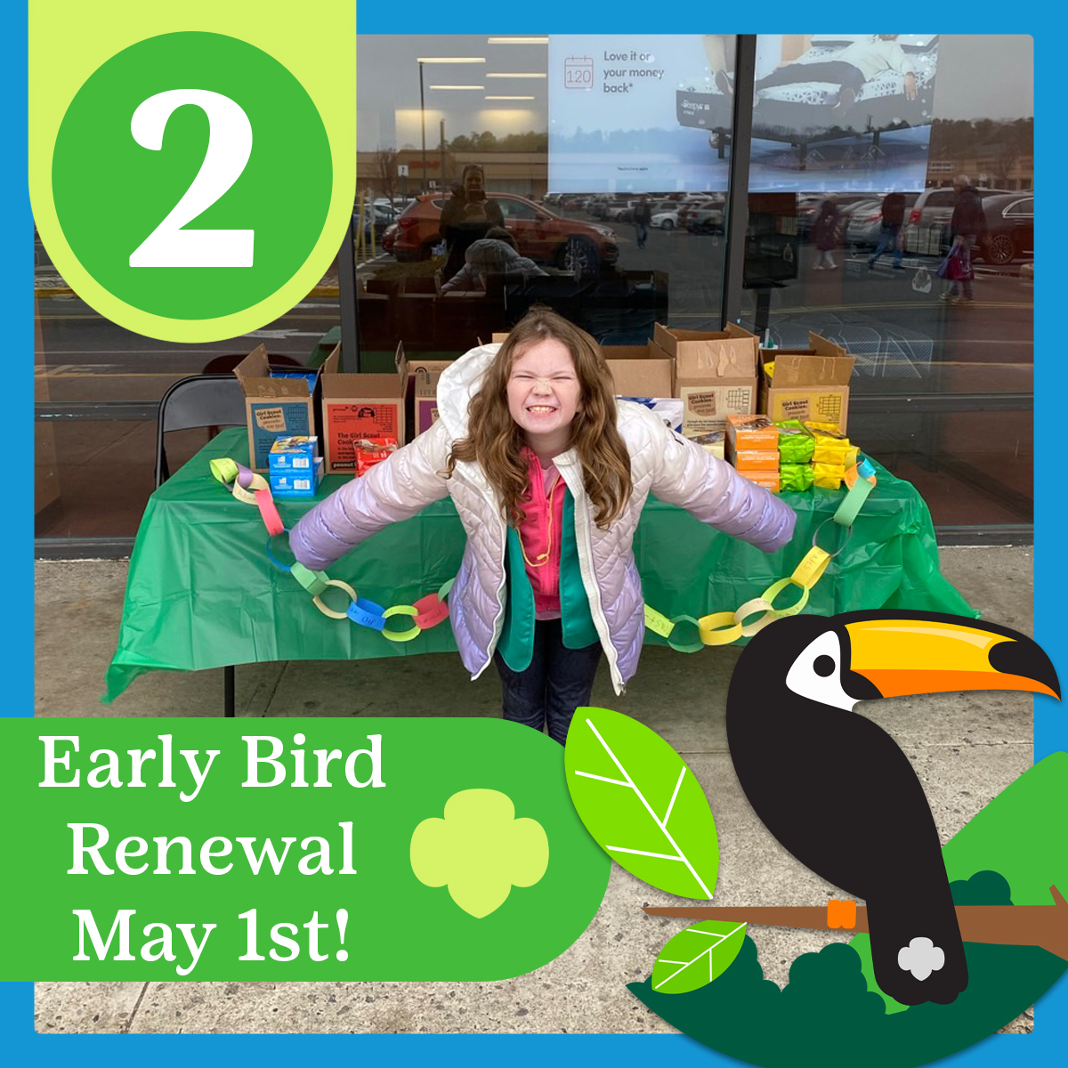 2 DAYS AND COUNTING TO SAVE &amp; ENJOY A YEAR OF EXPLORATION! ✨💚🐥 For one day only; renew on Thursday, May 1st for $5 off all girl and adult 2026 Girl Scout Memberships! Learn more about all the early bird renewal incentives offered in the month of May at gsFun.org/renew