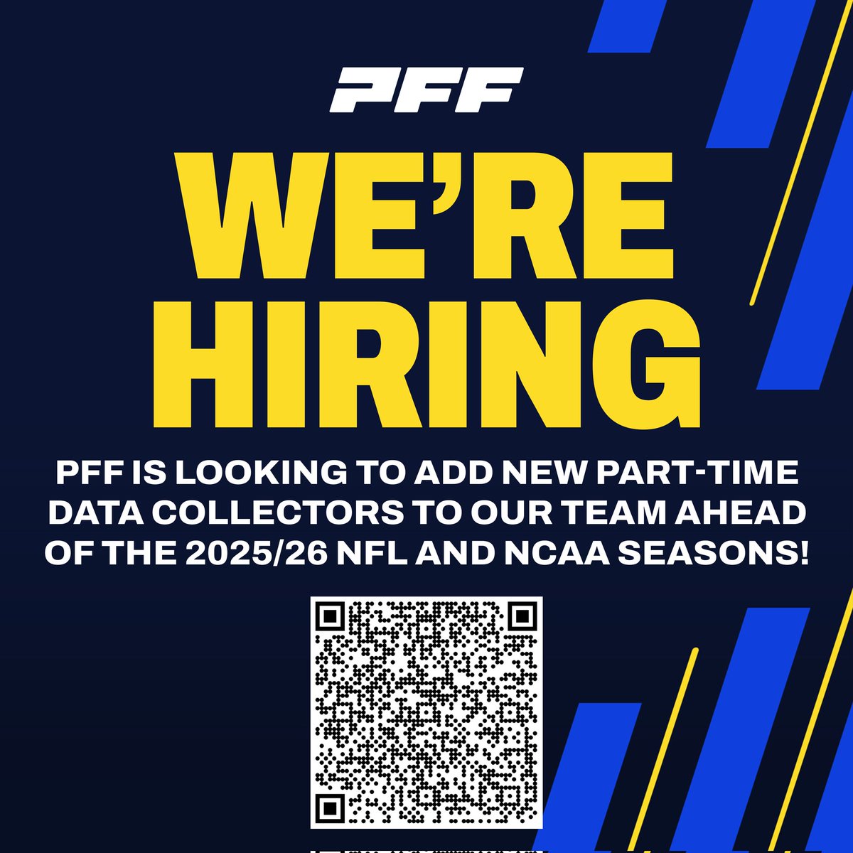 PFF_Simon's tweet image. Everyone starts somewhere. @PFF , they start here.
Every full-time analyst at Pro Football Focus began as a part-time Data Collector.
🎓 It all starts with our training program.
📈 Then comes the opportunity to grow.
Want to work in football?
👉 Apply now:…