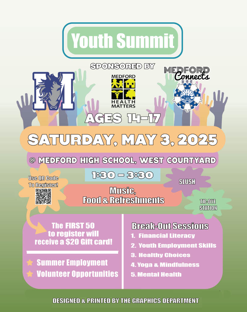 The Medford Youth Summit is this Saturday, May 3 from 1:30pm-3:30pm at Medford High School!

The first 50 students to register here will receive a $20 gift card (you must attend the event to receive the gift card): docs.google.com/forms/d/e/1FAI…