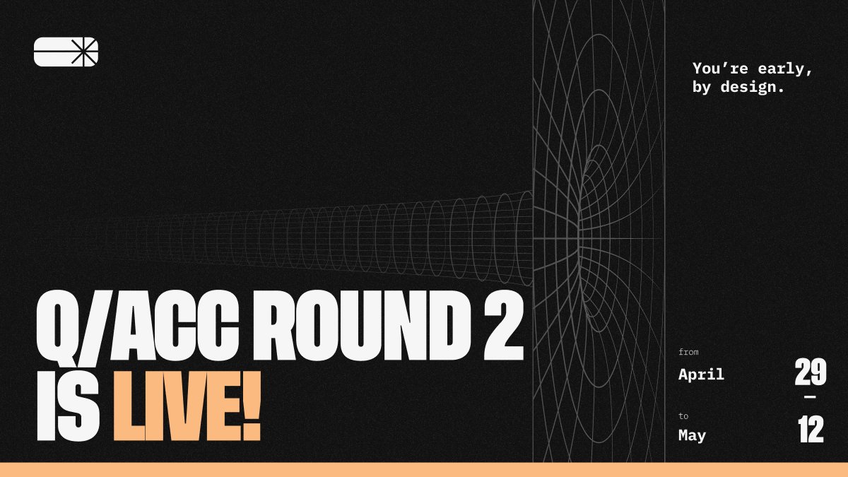 Giveth (@giveth) on Twitter photo Ready, set, accelerate ⚡️<a href="/theqacc/">Quadratic Accelerator</a> Round 2 is LIVE! ⚡️
q/acc’s 2nd fair launch token sale for vetted early-stage Web3 projects is finally here!
It’s like a QF round, where your contribution allocates matching funds, but now you get tokens!
🗓️ April 29 – May 12 Ready, set, accelerate ⚡️<a href="/theqacc/">Quadratic Accelerator</a> Round 2 is LIVE! ⚡️
q/acc’s 2nd fair launch token sale for vetted early-stage Web3 projects is finally here!
It’s like a QF round, where your contribution allocates matching funds, but now you get tokens!
🗓️ April 29 – May 12