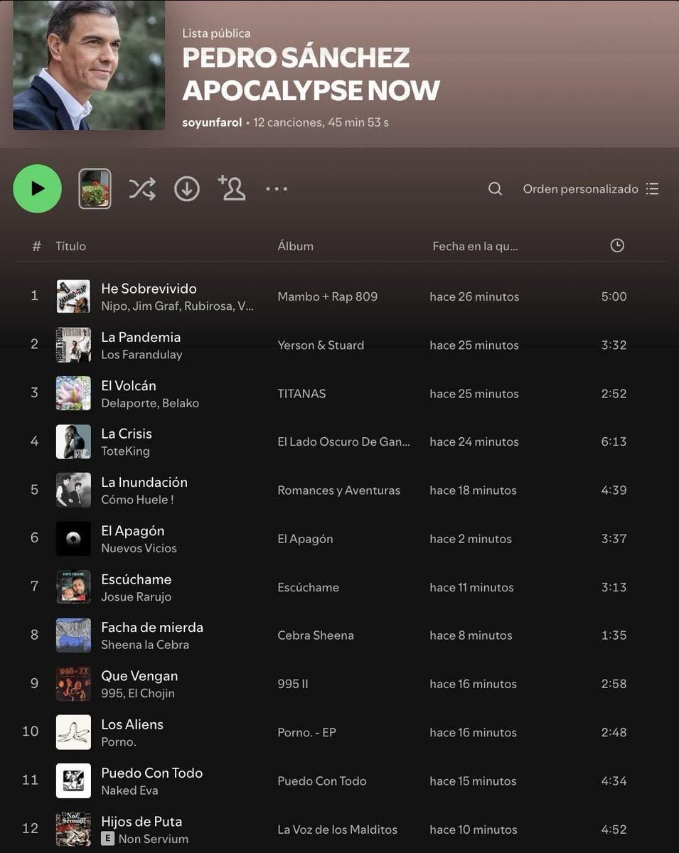 Los bulos de los fachas suenan fuerte pero esta playlist suena mejor. 

open.spotify.com/playlist/0hLXd…