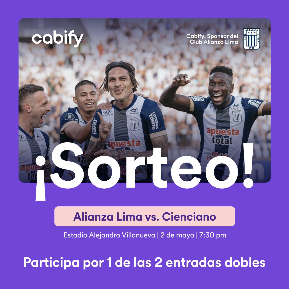 ¡Gana 1 de las 2 entradas dobles para el <a href="/ClubALoficial/">Club Alianza Lima</a> vs Cienciano! ⚽️

1️⃣Síguenos en Twitter
2️⃣RETWITTEA este post

TyC: Tienen hasta las 2pm del 30/04 para participar. Escribiremos por DM al ganador. Tendrá 20min para responder. Caso contrario se pasa al suplente.
#Sorteo