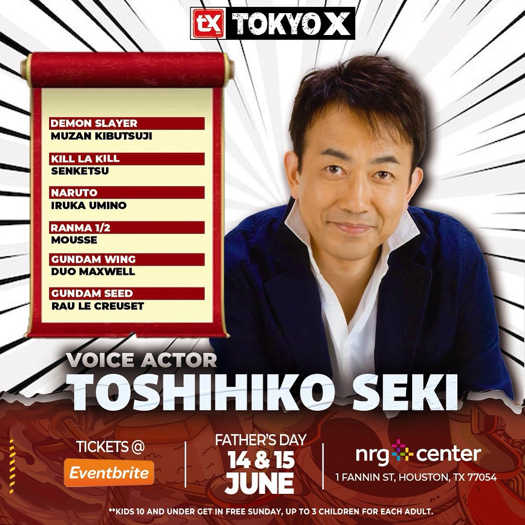 Tokyox_usa's tweet photo. 🚨 Voice Actor / Toshihiko Seki is coming to Houston!  🚨

For the first time EVER in Texas, legendary voice actor Toshihiko Seki is coming to Tokyo X 2025! With a career spanning over 40 years, Toshihiko Seki is one of Japan’s most respected and versatile voice actors, known for bringing unforgettable characters to life across anime, video games, and film. 

You have heard him in:
 🔥 Muzan Kibutsuji - Demon Slayer
 🛡️ Senketsu - Kill la Kill
🍥 Iruka Umino - Naruto
🍥 Ranma ½ - Mousse
 🚀 Duo Maxwell - Gundam Wing
 🎩 Legato Bluesummers - Trigun
 🎮 Rau Le Creuset - Gundam SEED

…and so many more that have shaped anime history! 

This will be his first time meeting fans in Texas, so don’t miss your chance to experience this unforgettable moment at Tokyo X! 🌟

📅 June 14-15, 2025
 📍 NRG Center | Houston, TX
🎟️ Tickets are selling fast — get yours today!

#demonslayer #gundam #anime #legend #goat #ranma #voiceactor #seiyuu #naruto #sensei