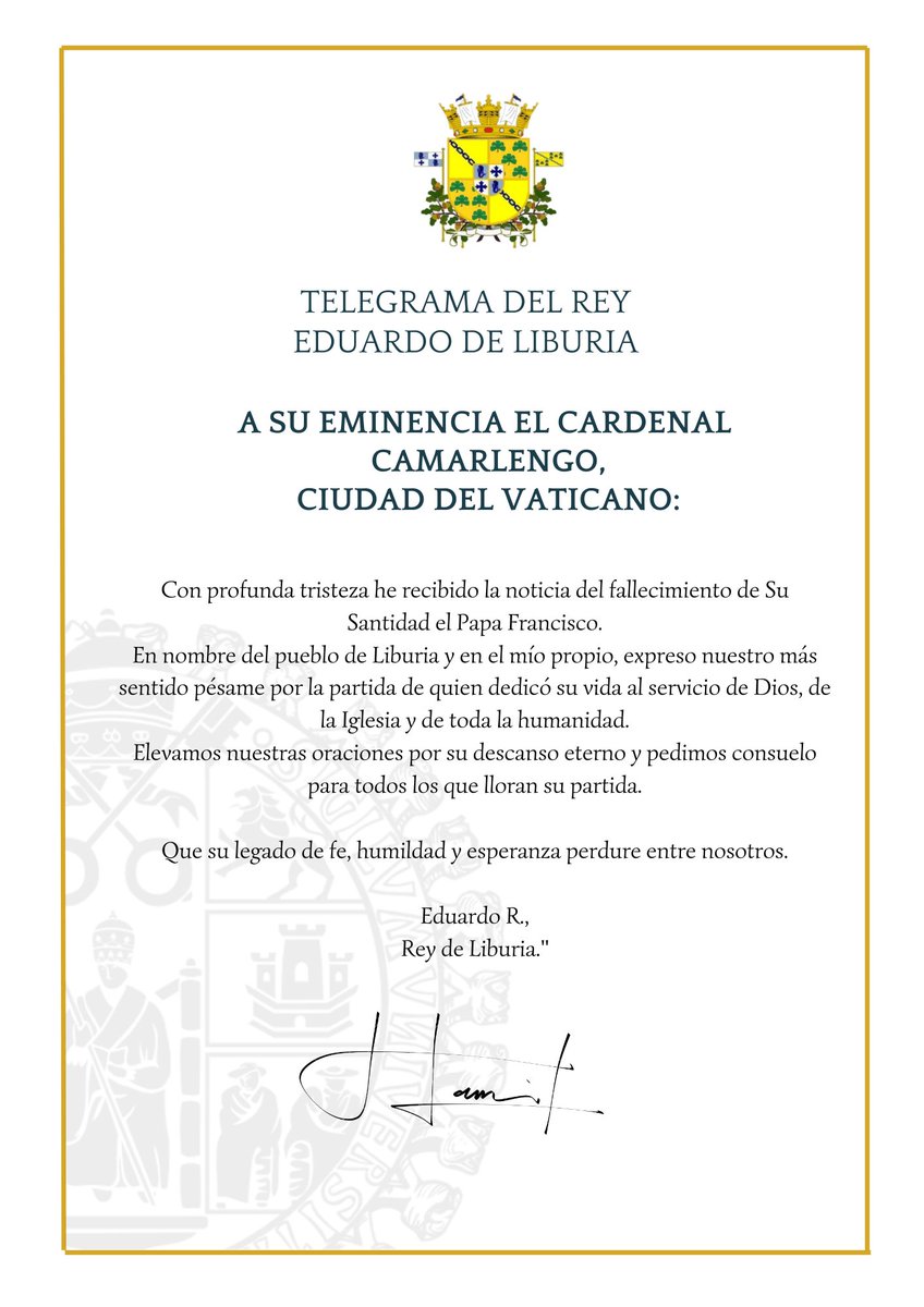 RLiburia's tweet photo. Con profundo pesar, en nombre del pueblo de Liburia y en el mío propio, lamento la partida de Su Santidad el Papa. Su legado de fe, paz y compasión permanecerá en la historia de la humanidad. Elevamos nuestras oraciones por su alma y expresamos nuestras más sinceras condolencias https://t.co/u3aMgKFJwk