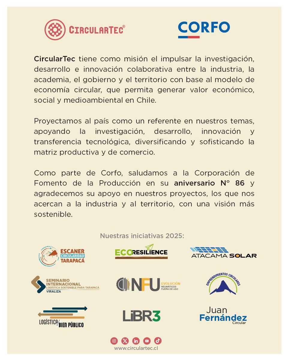 Saludamos a <a href="/Corfo/">Corfo</a> en su aniversario N° 86.
Gracias por impulsar con fuerza la #innovación y el desarrollo sostenible en Chile.

Desde CircularTec valoramos su apoyo en iniciativas que conectan industria, academia y territorio ♻️

#CircularTec #Corfo #EconomíaCircular