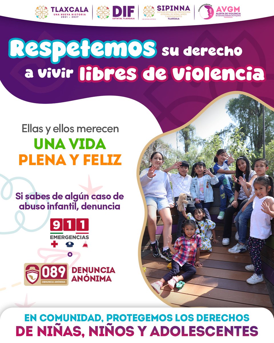 Niñas y niños tienen derecho a una vida libre de violencia, con plenitud y felicidad.
Si conoces algún caso de abuso infantil marca al 911 para emergencias, o 089 denuncia anónima.
En comunidad, protegemos los derechos de niñas, niños o adolescentes.
#UnaNuevaHistoria