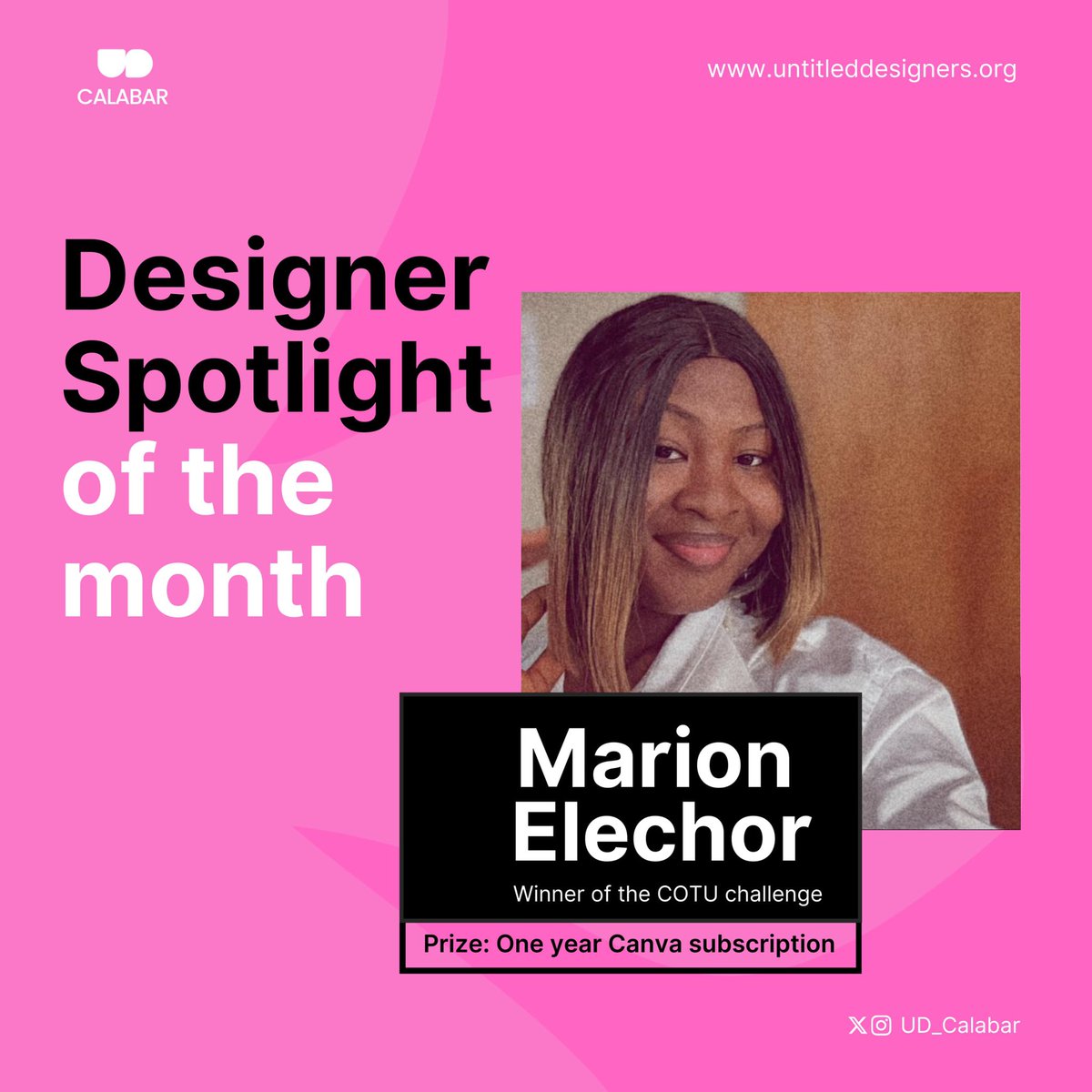 UD_Calabar's tweet image. Designer Spotlight: @designedbymama!

Winner of our COTU Challenge and proud owner of a 1-year Canva subscription!

Big ups, Marion!
Keep shining and designing ⚡️

#DesignerSpotlight #COTUChallenge #UntitledDesignersCalabar