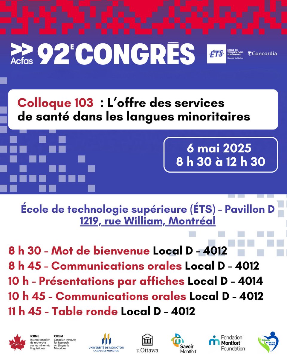 Le colloque # 103 "L’offre des services de santé dans les langues minoritaires" aura lieu le 6 mai dans le cadre du 92e Congrès de l'Acfas. Programme 👉 acfas.ca/evenements/con…
Inscription pour y assister sur place ou en ligne 👉 acfas.ca/evenements/con… #acfas #acfasC103
