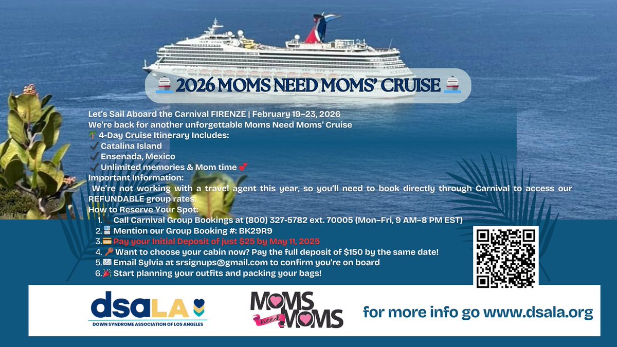Down Syndrome Association of Los Angeles (@downsyndromela) on Twitter photo We Need YOU to Join Us by May 11th!
We still need $700 in deposits by May 11 to keep our group reservation alive — every sign-up counts!
Let’s make this cruise happen — don’t miss the boat! 🛳️
For questions, reach out to Sylvia at srsignups@gmail.com We Need YOU to Join Us by May 11th!
We still need $700 in deposits by May 11 to keep our group reservation alive — every sign-up counts!
Let’s make this cruise happen — don’t miss the boat! 🛳️
For questions, reach out to Sylvia at srsignups@gmail.com