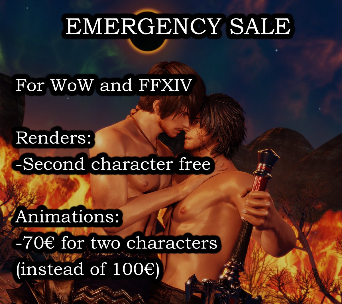 Running an emergency sale until the end of May to cover the expenses for my cat, who was hospitalized today. 
For WoW and FFXIV 
Renders: 
-Second character free 
Animations:
 -70 for two characters(instead of 100)
 I really appreciate if you can share!❤️