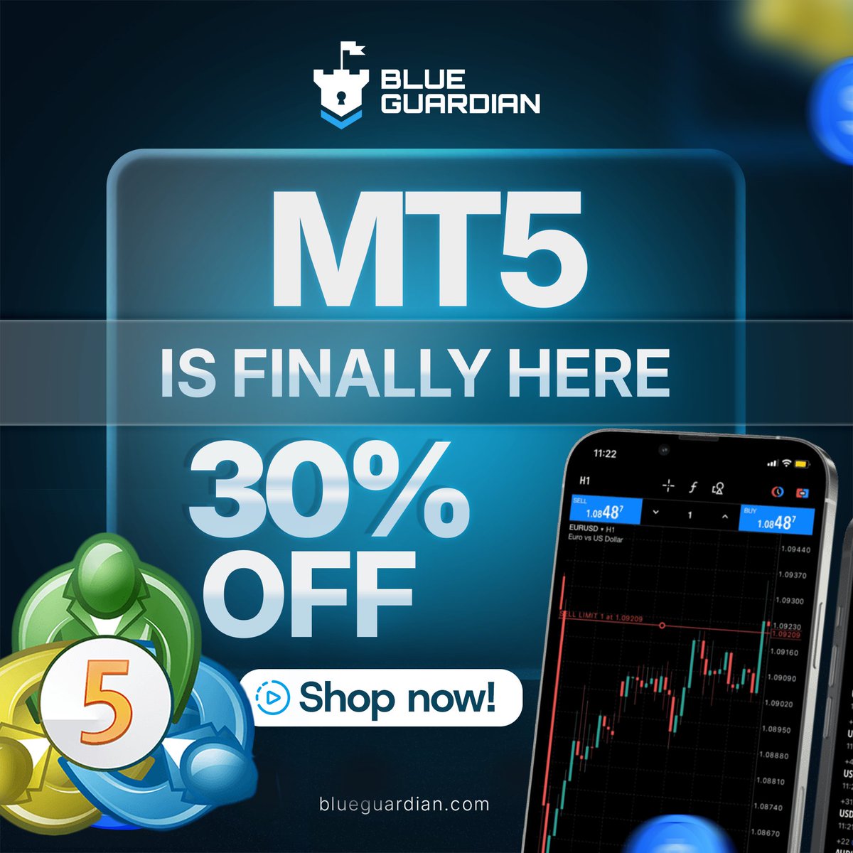 MT5 IS BACK! 🔥🚀

We brought Metatrader 5 back with our own license and server.

Now you can enjoy your favorite trading platform at Blue Guardian! 🥳

Get 30% OFF any challenges for next 7 days with code MT5 at blueguardian.com