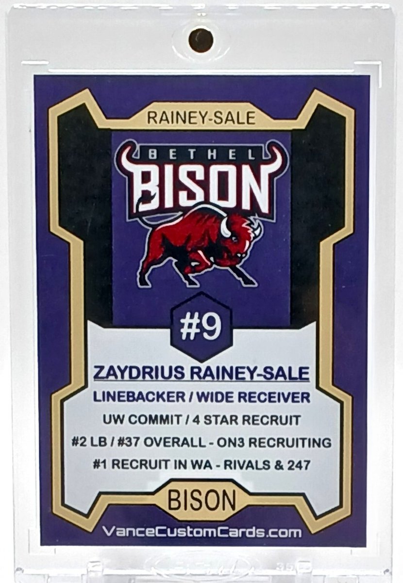 VanceCustomCard's tweet photo. Excited to partner up with Zaydrius Rainey-Sale / @ZaydriusS on a couple of cards for his collection.

Zaydrius was the #1 recruit in the entire state of Washington out of Bethel HIgh School, before committing to the University of Washington Huskies / @UW_Football.

I know Husky Nation is excited to see what this young man his in store when he hits the field next Fall in Montlake.

Best of luck going forward Zaydrius, we'll be rooting for you!