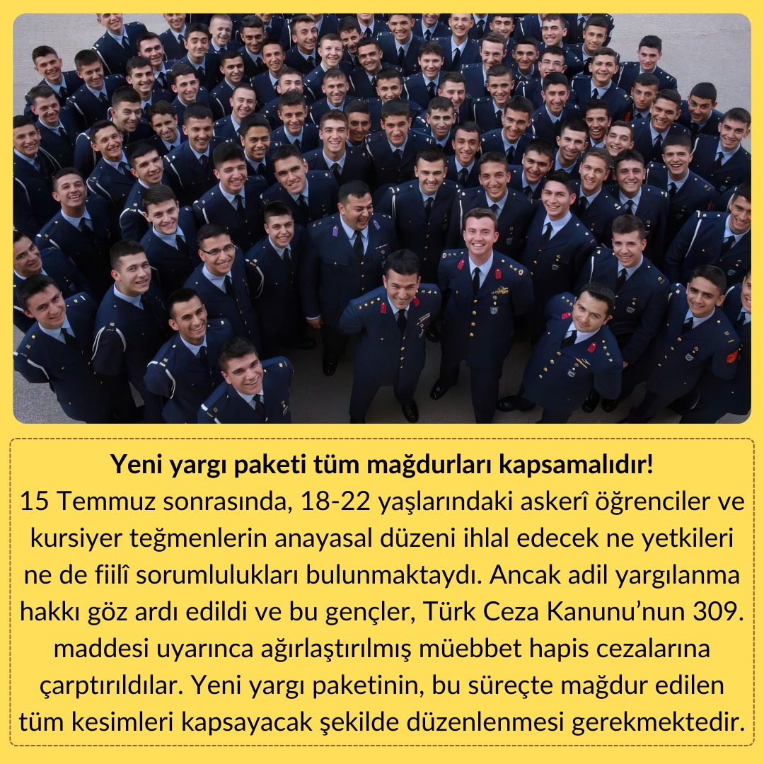 Yaşar (@yasar5112) on Twitter photo Yeni yargı paketi sürecin tüm mağdurlarını da kapsamalı!
Cezaevleri, kadın-kız, bebekli anne, yaşlı-ağır hasta, askeri öğrenci-kursiyer teğmenler vb yasalara göre SUÇ İŞLEMEMİŞ masum insanlarla dolu!
<a href="/adalet_bakanlik/">T.C. Adalet Bakanlığı</a> <a href="/TBMMresmi/">TBMM</a> <a href="/TBMMGenelKurulu/">TBMM Genel Kurulu</a> <a href="/yilmaztunc/">Yılmaz TUNÇ</a>
YargıPaketindeAf Yeni yargı paketi sürecin tüm mağdurlarını da kapsamalı!
Cezaevleri, kadın-kız, bebekli anne, yaşlı-ağır hasta, askeri öğrenci-kursiyer teğmenler vb yasalara göre SUÇ İŞLEMEMİŞ masum insanlarla dolu!
<a href="/adalet_bakanlik/">T.C. Adalet Bakanlığı</a> <a href="/TBMMresmi/">TBMM</a> <a href="/TBMMGenelKurulu/">TBMM Genel Kurulu</a> <a href="/yilmaztunc/">Yılmaz TUNÇ</a>
YargıPaketindeAf