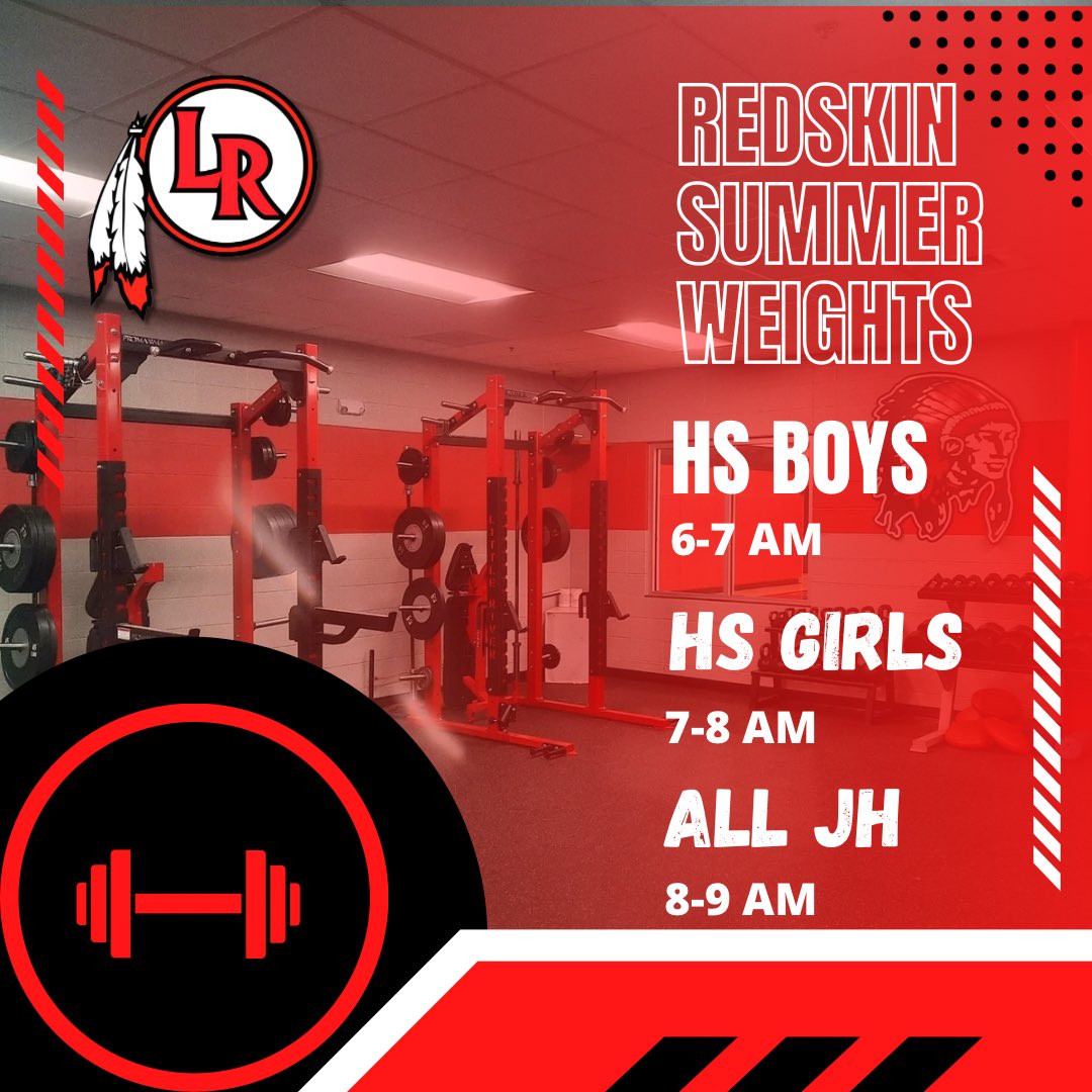 Redskin Summer Weights Info 🔴⚫️
Starts: June 10th
Runs: Tuesday, Wednesday, Thursday 
Welcome to ALL 7-12 Grade Little River Students, not just athletes.

Redskin Strong 💪🏼💪🏼
#RollTribe
