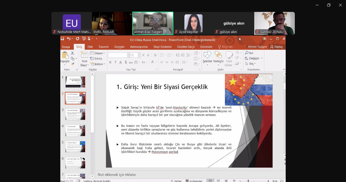 Dr. Ahmet Tüzgen, 'EU-China-Russia in an Age of Geopolitics' konulu sunumunu tamamladı! Kendisine sunumu ve paylaştığı kıymetli bilgiler için çok teşekkür ederiz! Sorularınızı bekliyoruz!