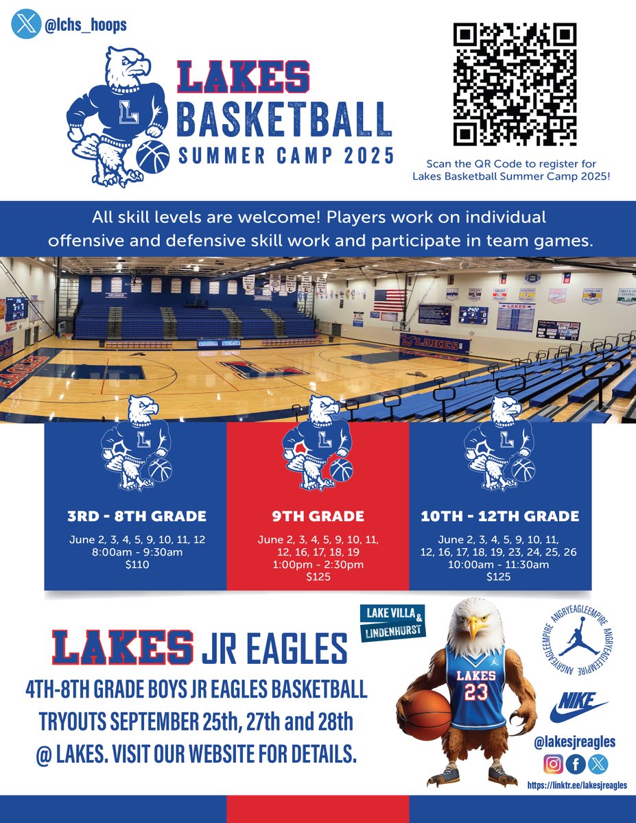 Lakes JR Eagles (@lakesjreagles) on Twitter photo Summer is almost here! Sign up for <a href="/LCHS_hoops/">🏀Lakes Basketball🏀</a> Basketball Summer Camp 2025 for 3rd–8th Grade players! We'll be working on individual skill building and team games! Players of all skill levels welcome. Scan the QR code below to register today! 😡🦅#earnednotgiven Summer is almost here! Sign up for <a href="/LCHS_hoops/">🏀Lakes Basketball🏀</a> Basketball Summer Camp 2025 for 3rd–8th Grade players! We'll be working on individual skill building and team games! Players of all skill levels welcome. Scan the QR code below to register today! 😡🦅#earnednotgiven