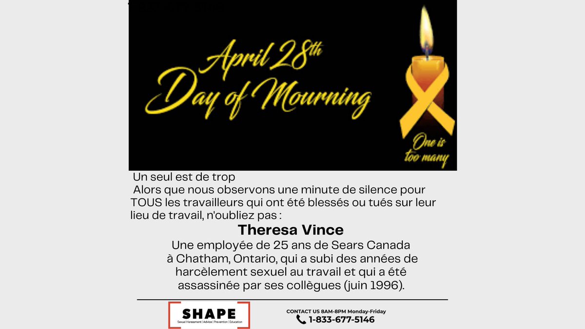 April 28th was the #1 Day of Mourning for workers injured or killed in the workplace.
#WorkplaceSafety #WorkplaceWellness
#sexualharassmentadviseprotectioneducation
#KnowYourRights #SHAPEYourWorkplace #SHIWproject