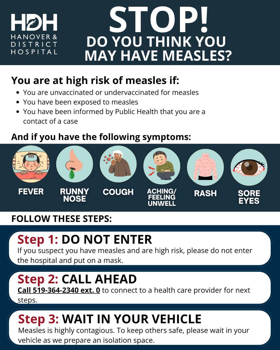 If you suspect you might have measles, please STOP and follow these critical steps:
1) DO NOT ENTER our hospital directly 
2) CALL AHEAD to 519-364-2340 ext. 0 
3) WAIT IN YOUR VEHICLE

Measles is highly contagious. Protect yourself and others by following these precautions.