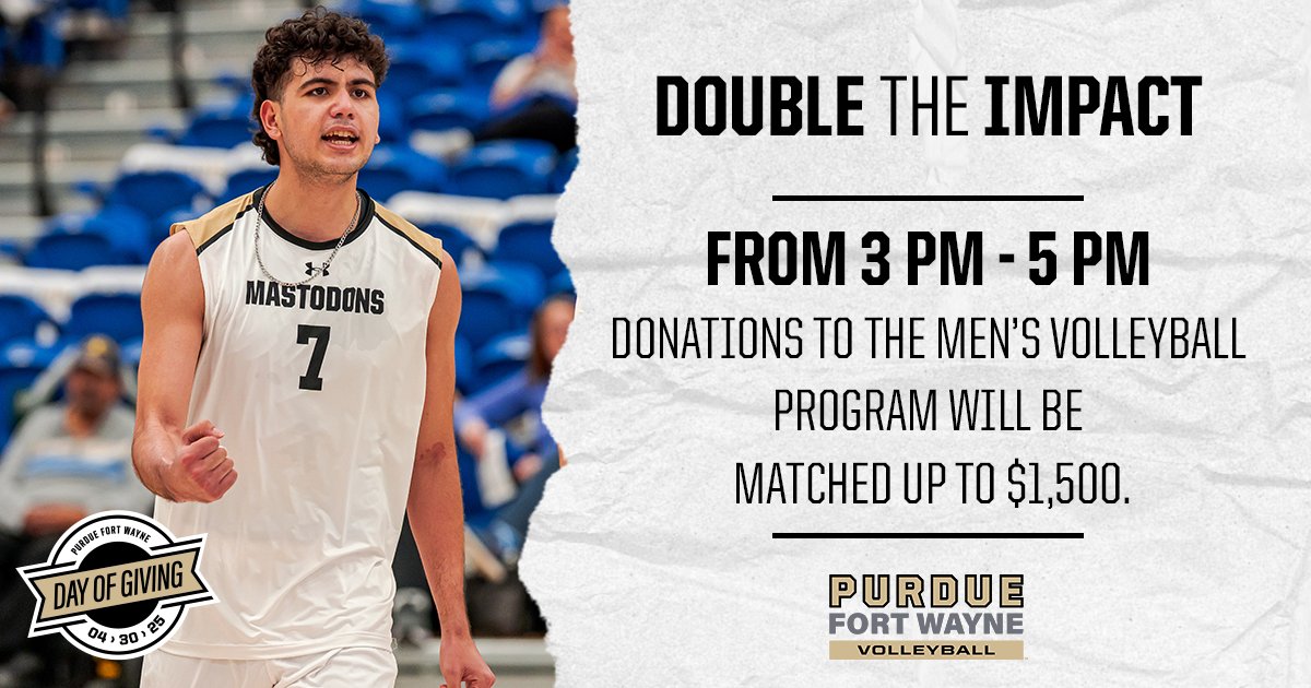 All gifts made to men's volleyball between 3 p.m. – 5 p.m. will be matched dollar for dollar up to $1,500 courtesy of a men's volleyball supporter! Double the impact with your gift!

givegab.com/campaigns/men-…

#PFWDayofGiving