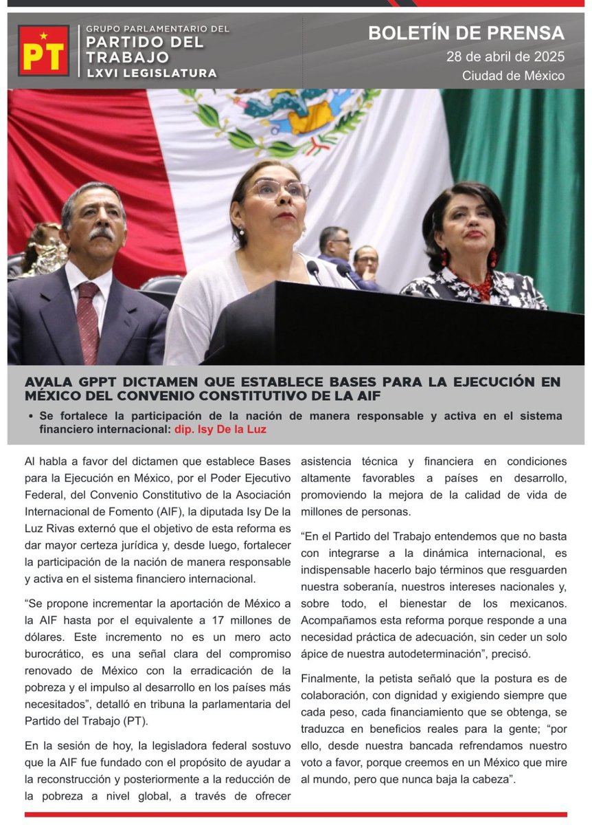 📰 #Boletín || Avala GPPT dictamen que establece bases para la ejecución en México del convenio constitutivo de la AIF 👇