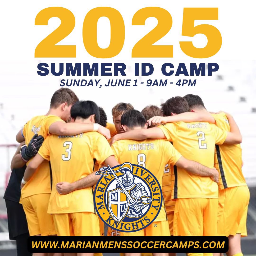 🚨 | SUMMER ID CAMP ANNOUNCEMENT! ⚽️☀️

We are excited to announce the opening registration of our Men’s Soccer Summer ID Camp. 

📅WHEN: Sunday, June 1, 2025
📍WHERE: Marian University Soccer Field
🕘WHAT TIME: 9:00 AM - 4:00 PM

Registration is now open!
marianmenssoccercamps.com