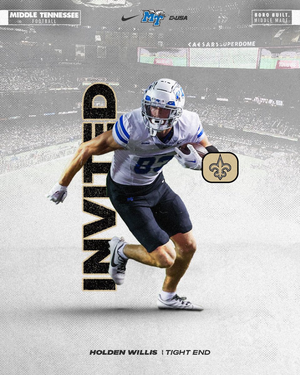 Middle Tennessee Football (@mt_fb) on Twitter photo <a href="/iamholdenwillis/">Holden Willis</a> has accepted Rookie Mini Camp invites from the <a href="/Eagles/">Philadelphia Eagles</a> and <a href="/Saints/">New Orleans Saints</a>!
#BoroBuiltMiddleMade <a href="/iamholdenwillis/">Holden Willis</a> has accepted Rookie Mini Camp invites from the <a href="/Eagles/">Philadelphia Eagles</a> and <a href="/Saints/">New Orleans Saints</a>!
#BoroBuiltMiddleMade