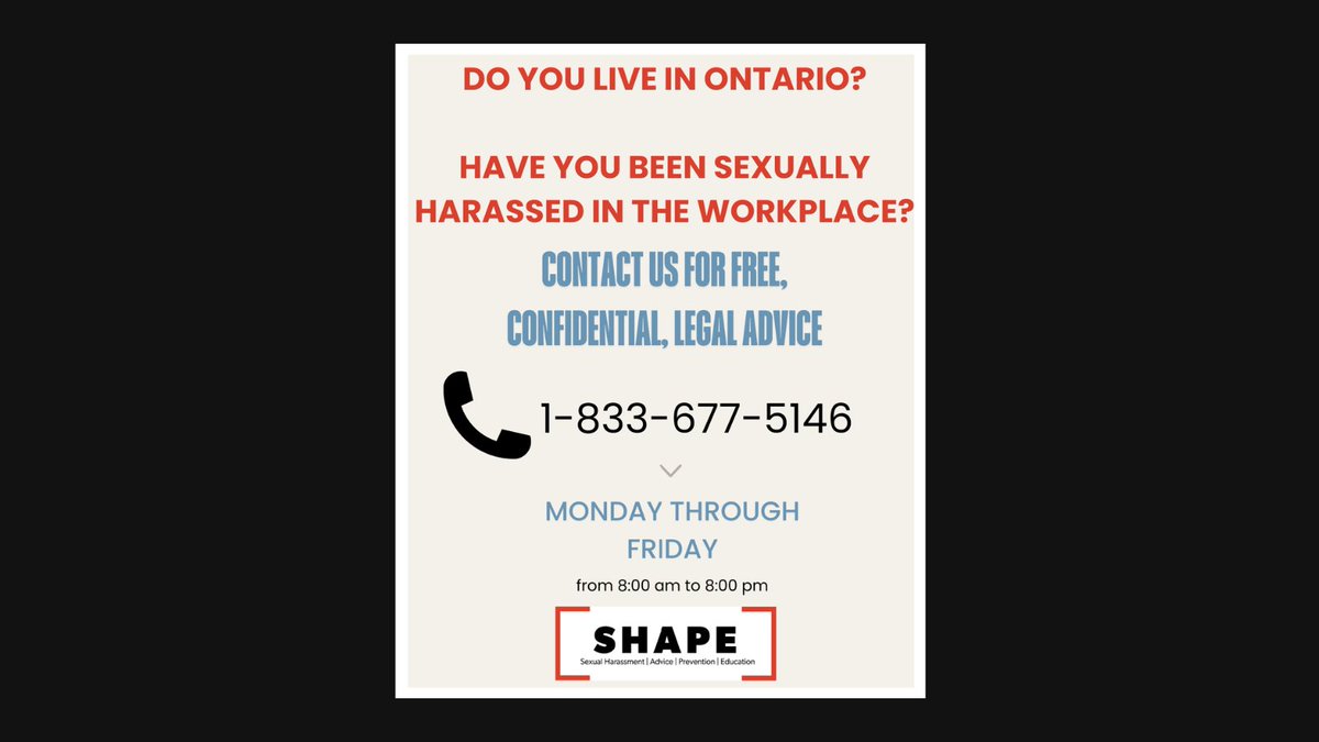 If you've experienced #Sexualharassmentintheworkplace, please contact us toll-free at 1-833-677-5146 for free, #confidentialindependent #legaladvice. 
 #employment #work #ShapeYourWorkplace #HealthyWorkplaces