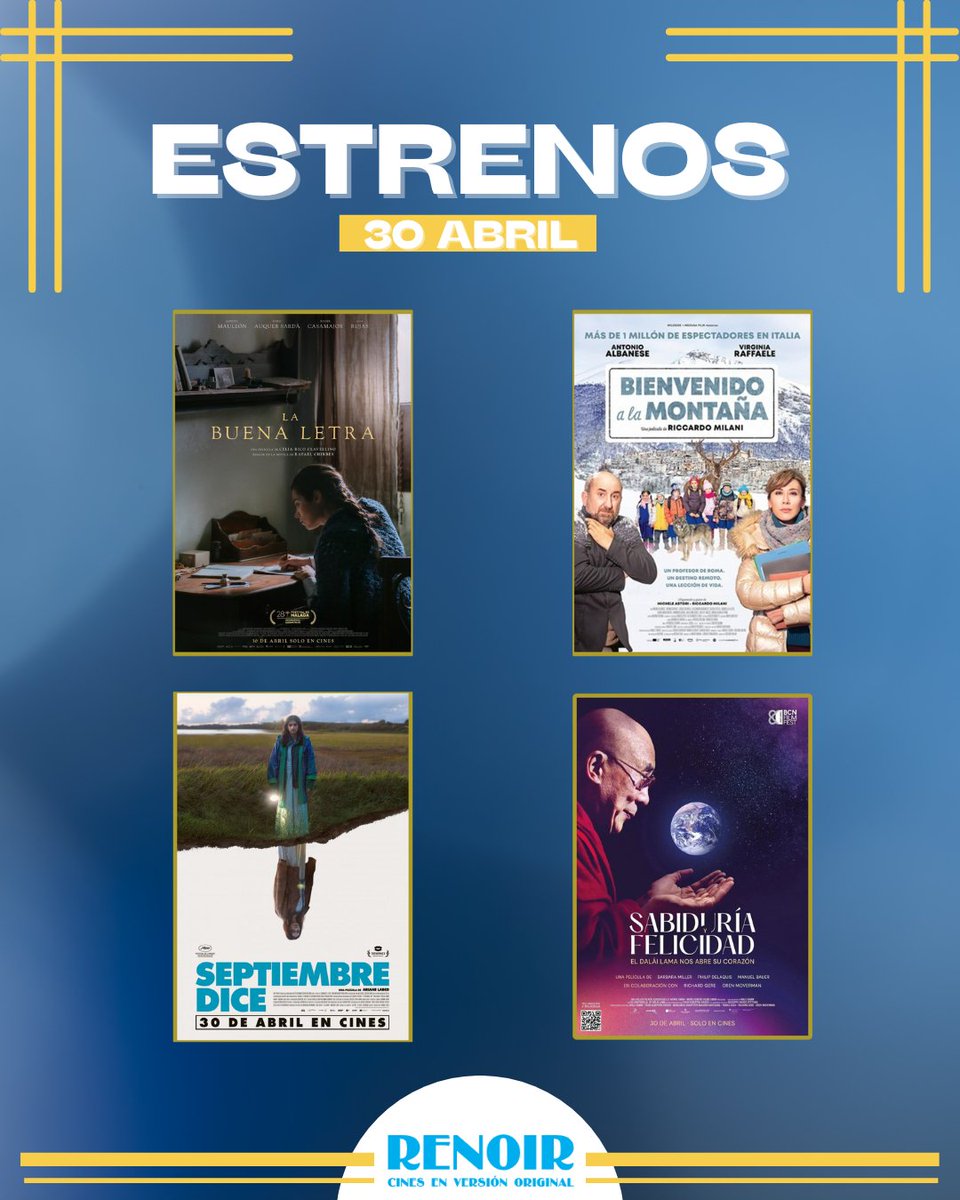 Cines Renoir (@cinesrenoir) on Twitter photo 🌟DÍA DE ESTRENOS🌟
Estas son las películas que llegan hoy a nuestra cartelera:
🔹La buena letra <a href="/CaramelFilms/">Caramel Films</a>
🔹Bienvenido a la montaña <a href="/acontrafilms/">A Contracorriente</a>
🔹Septiembre dice <a href="/ElasticaFilms/">elasticafilms</a>
🔹Sabiduría y felicidad <a href="/SelectaVision/">SelectaVisión</a> 🌟DÍA DE ESTRENOS🌟
Estas son las películas que llegan hoy a nuestra cartelera:
🔹La buena letra <a href="/CaramelFilms/">Caramel Films</a>
🔹Bienvenido a la montaña <a href="/acontrafilms/">A Contracorriente</a>
🔹Septiembre dice <a href="/ElasticaFilms/">elasticafilms</a>
🔹Sabiduría y felicidad <a href="/SelectaVision/">SelectaVisión</a>