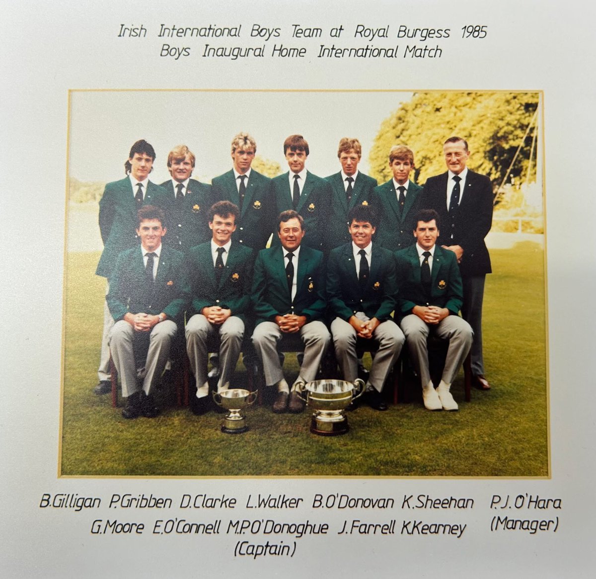 CorkGolfClub's tweet image. The 1985 Boys Home International Team with Kevin Sheehan in the back row second from the right. 

A photo full of legends of Irish Golf!