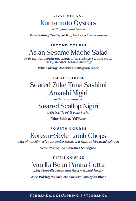 Hello Southern California - We've got your #Fridaynight covered. Join Kenzo Estate at Bashi restaurant - <a href="/TerraneaResort/">Terranea Resort</a> for a #vintnersdinner - This Friday, 5/2. Book in at Terranea. See more at kenzoestate.com/news Check out the menu pairings!