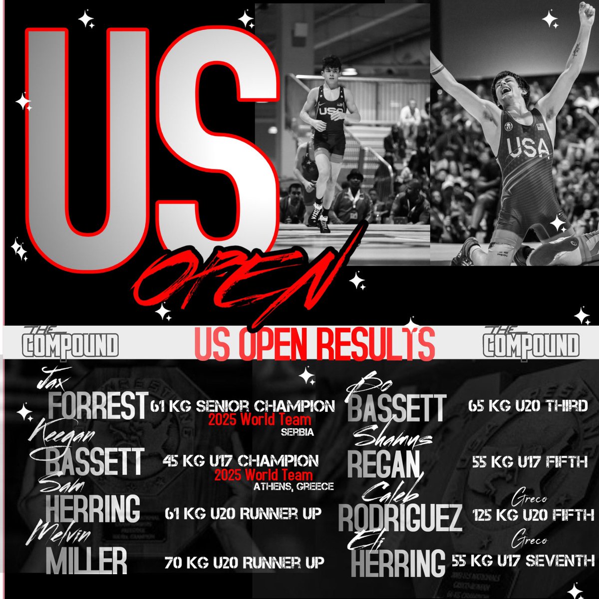 Never satisfied, Never finished- 

Jax Forrest- Senior US Open Champion  
Keegan Bassett- U17 World Team Trials Champion 
Sam Herring- U20 RunnerUp 
Melvin Miller- U20  RunnerUp 
Bo Bassett- U20 Third
Shamus Regan- U17  Fifth
Caleb Rodriguez- U20 5th
Eli Herring- U17 7th