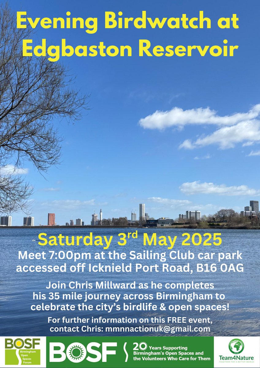 Chris Millward Jnr (@chris4patches) on Twitter photo This Saturday, 3rd May I will be walking 35 miles across Birmingham to celebrate its birdlife and open spaces!
Join me and <a href="/edgresfriends/">Friends of Edgbaston Reservoir</a> at the end of my walk for an exciting pre-dusk birdwatch with stunning views of Edgbaston reservoir & the city, 7pm - dusk
#WestMidsAllDayer This Saturday, 3rd May I will be walking 35 miles across Birmingham to celebrate its birdlife and open spaces!
Join me and <a href="/edgresfriends/">Friends of Edgbaston Reservoir</a> at the end of my walk for an exciting pre-dusk birdwatch with stunning views of Edgbaston reservoir & the city, 7pm - dusk
#WestMidsAllDayer