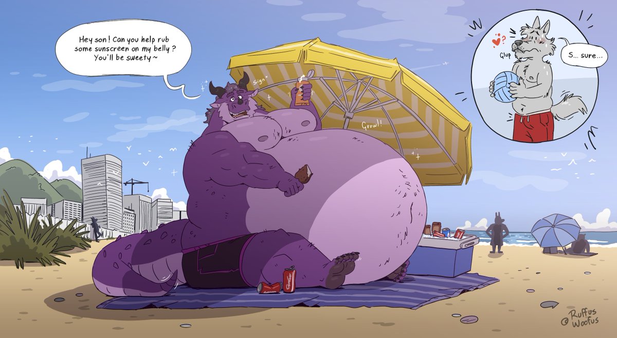 He has such a big and heavy gut that he can't put sunscreen all over his body, luckily a little guy came by 🏖️✨🐲🧴🐺💕

New commission made for <a href="/Grape_Derg/">Lesco</a>