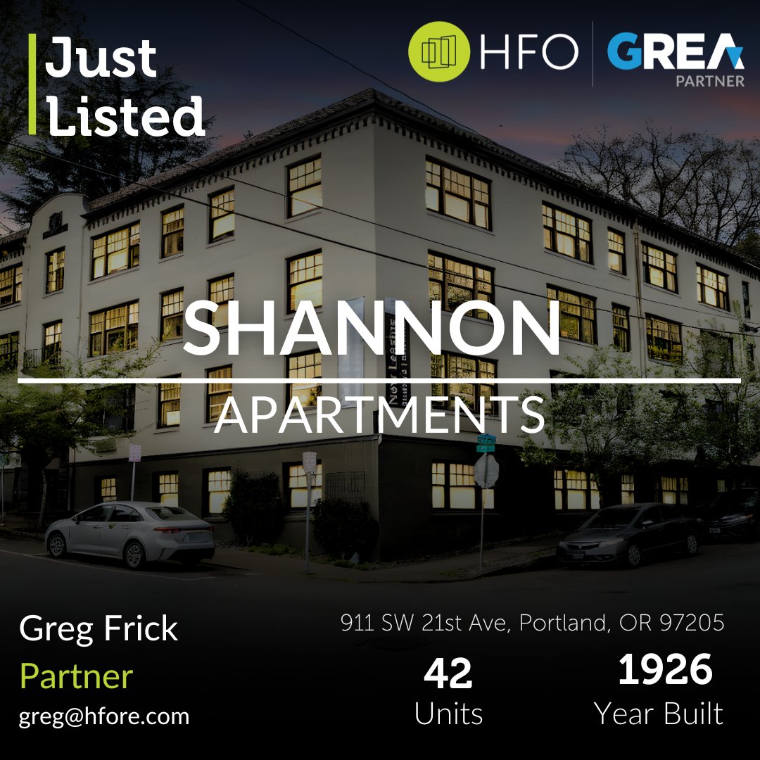 HFO is pleased to offer the Shannon Apartments, 42 units in one of Portland’s most walkable &amp; vibrant neighborhoods. This non-URM property features studio and one-bedrooms minutes from Providence Park, PSU, OHSU, and more. 

See more &amp; contact us here: hubs.ly/Q03kj8ZJ0