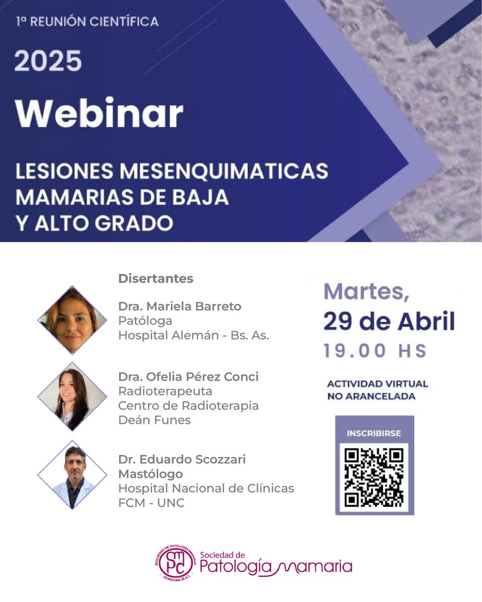 centrodeanfunes's tweet photo. 🎥 WEBINAR: Lesiones Mesenquimáticas Mamarias de Bajo y Alto Grado 
🗓Hoy 29 de abril, comienzan las reuniones científicas organizadas por la Sociedad de Patología Mamaria de Córdoba, con la participación de reconocidos especialistas. ⏰ Hora: 19:00. https://t.co/VGuSQt4a95