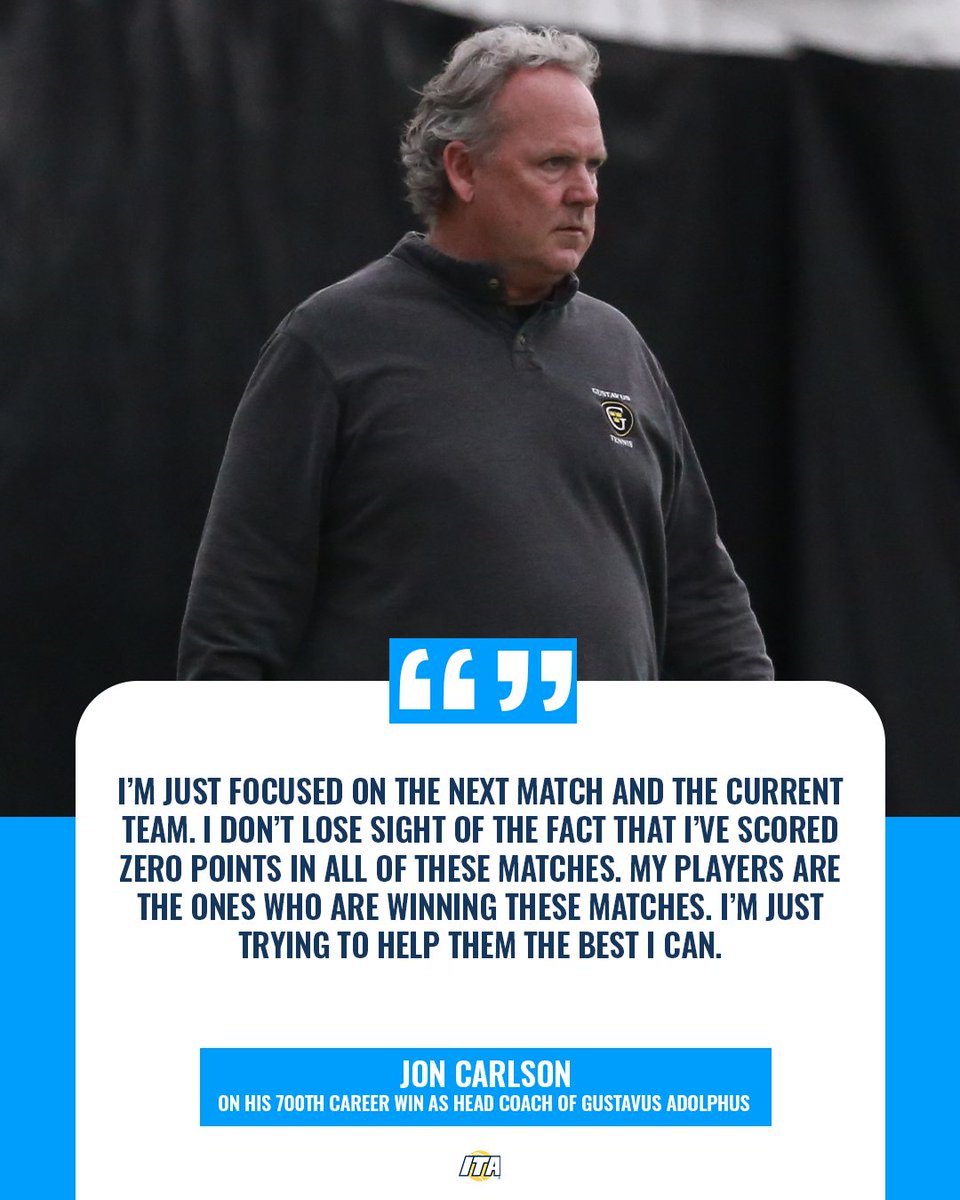 ITA (@ita_tennis) on Twitter photo The journey to 700 career wins began in 1989, when a then 23-year-old Jon Carlson was named head coach of <a href="/GustieAthletics/">Gustavus Athletics</a> women's tennis.
The 35 years that have followed have felt like a blur – and for good reason.
Story on the winningest head coach in <a href="/NCAADIII/">NCAA Division III</a> women’s The journey to 700 career wins began in 1989, when a then 23-year-old Jon Carlson was named head coach of <a href="/GustieAthletics/">Gustavus Athletics</a> women's tennis.
The 35 years that have followed have felt like a blur – and for good reason.
Story on the winningest head coach in <a href="/NCAADIII/">NCAA Division III</a> women’s